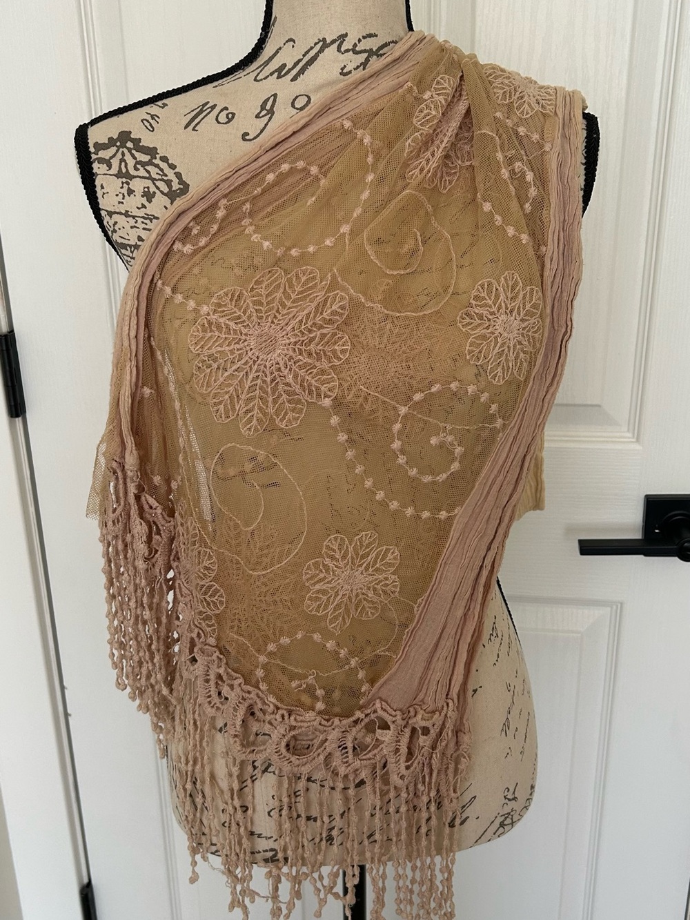 Lace Fringe Womens Scarf in cream tan with embroidery flower design